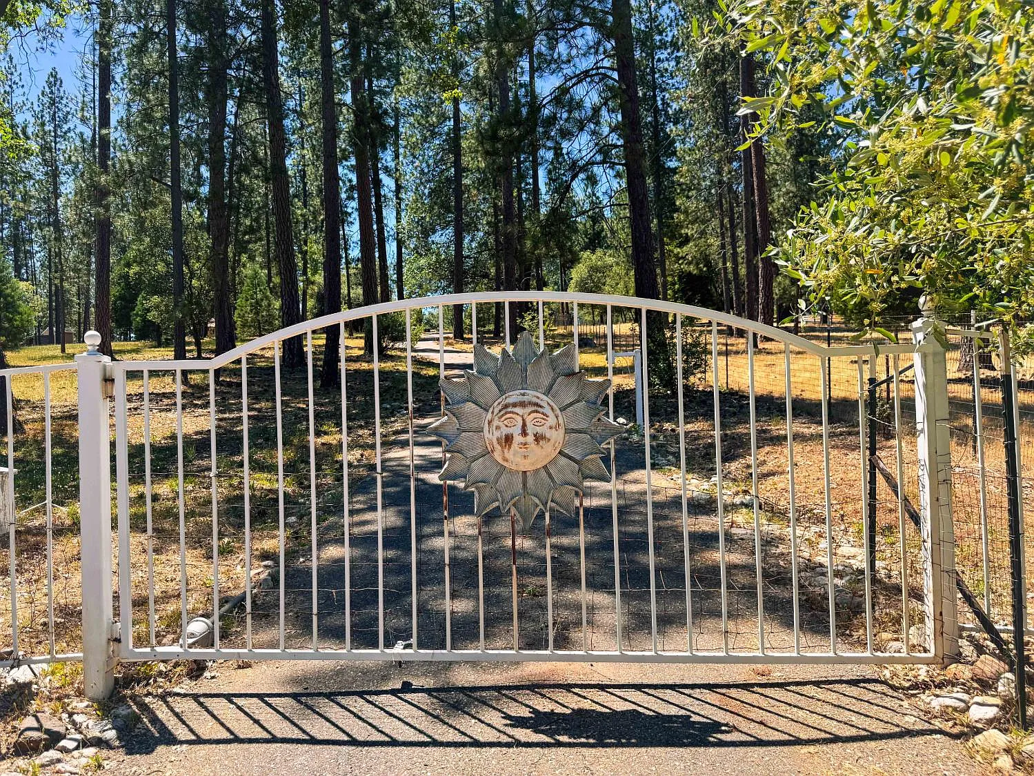 Private gated entry to the property, wrought iron gate with sun medallion